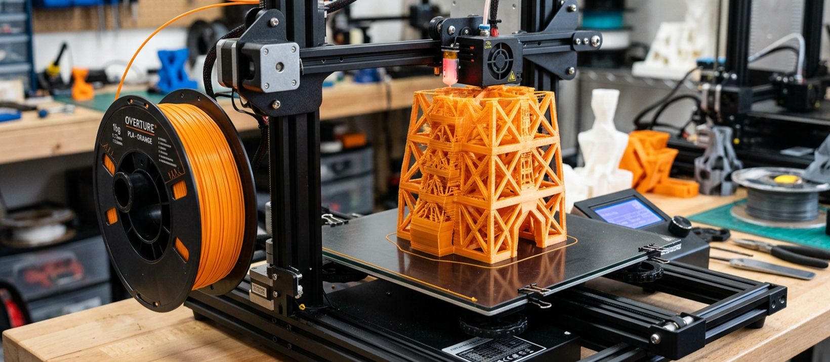 Filament 3D printer in action printing a large functional part, spool of PLA filament visible in background